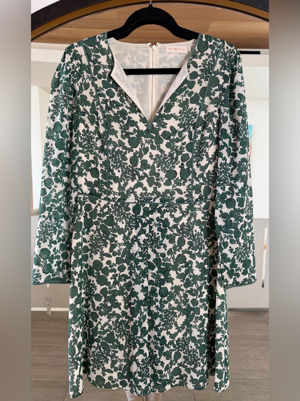 Tory Burch Alice Green & Ivory Floral Silk Long Sleeve Above the Knee Dress 4